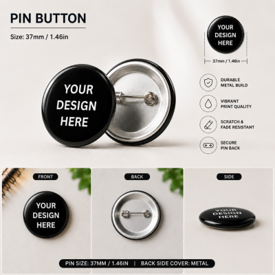 Custom Pin Bros Buttons Round Size 37mm Metal Back Cover